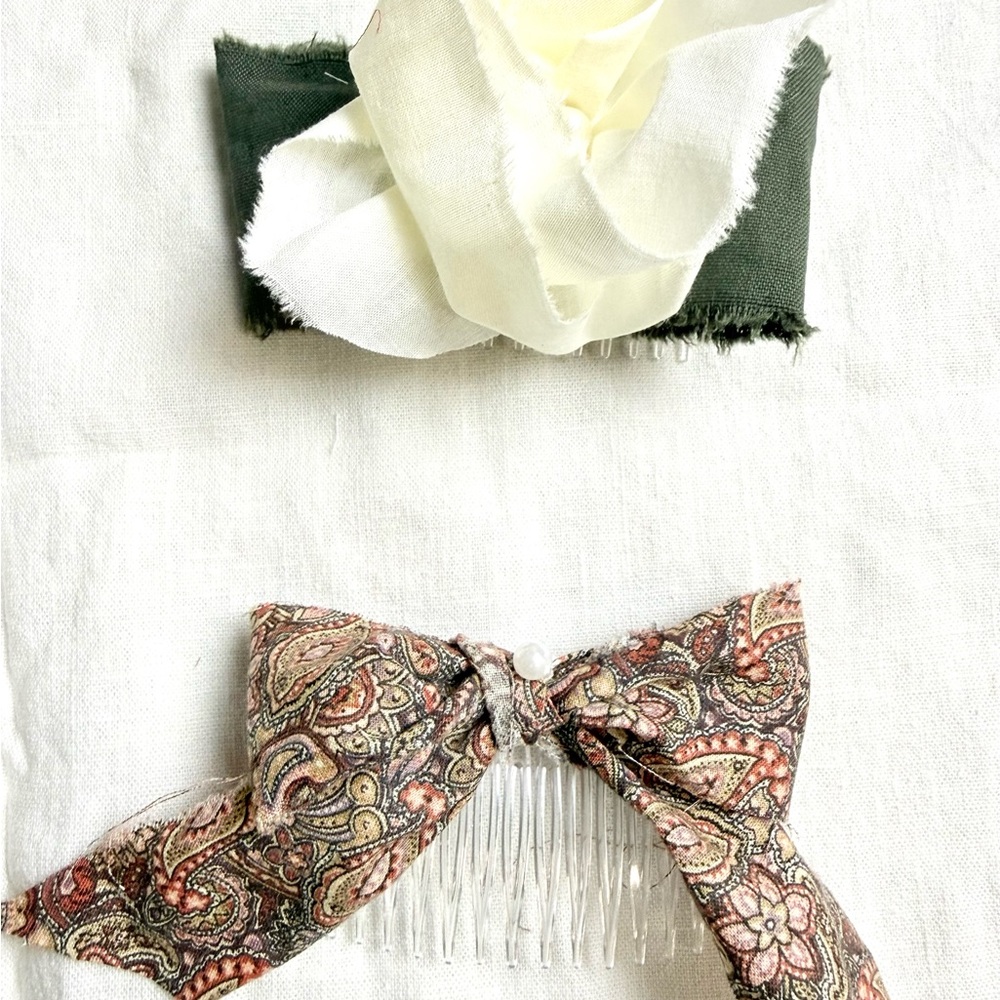 Paisley Hair Comb and Fabric Hair green comb with flower Set
